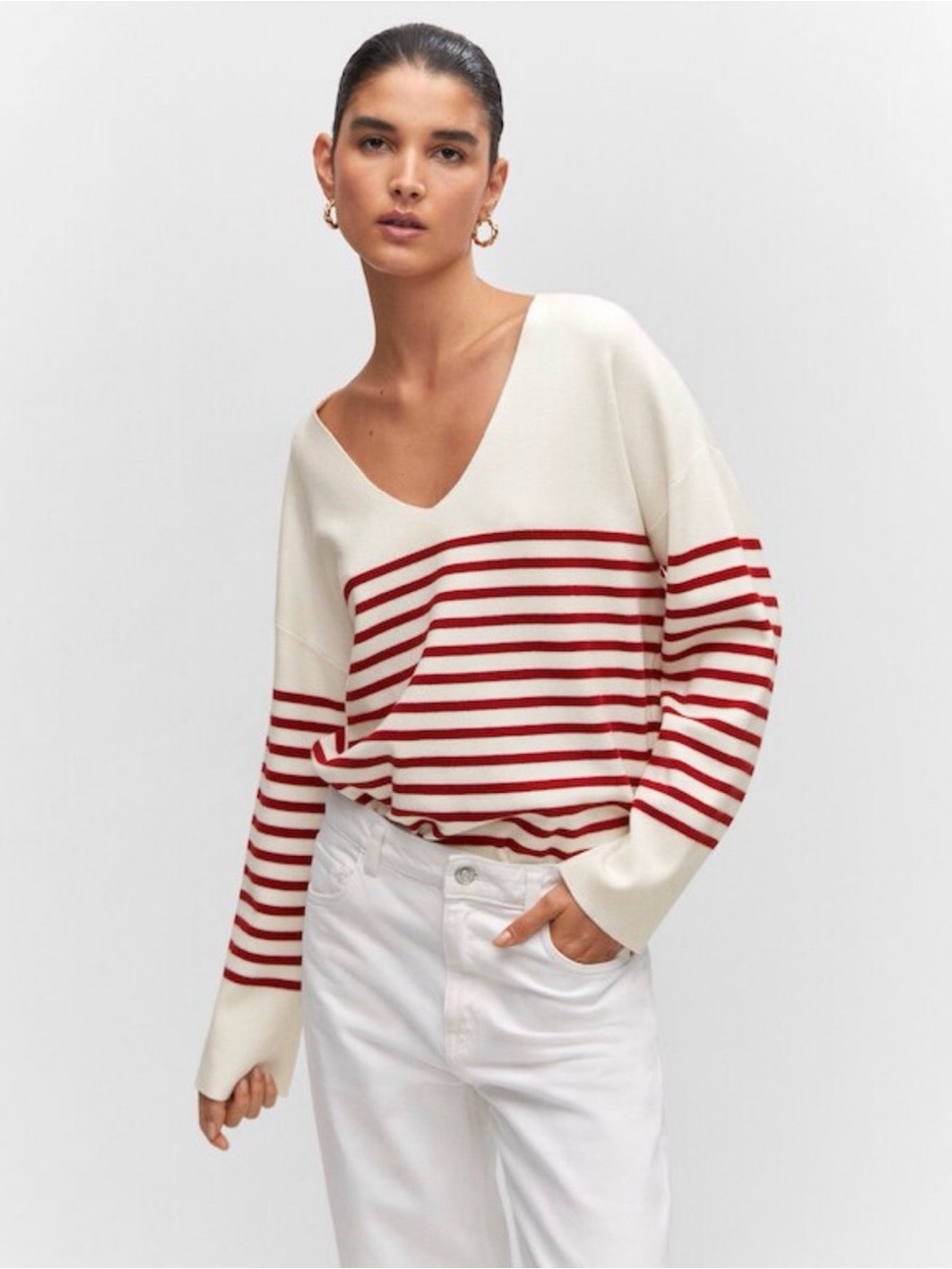 Mango Woman Cream Red Striped Relax V-Neck Knit Sweater LARGE Preppy Chic